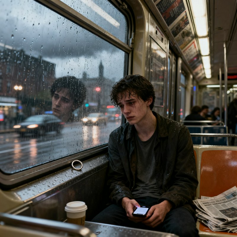Young man on a rainy subway, gazing at his phone with raindrops on the window.