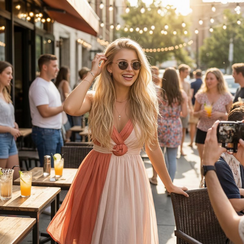 A stylish woman in a two-tone pink dress and sunglasses at an outdoor street party.