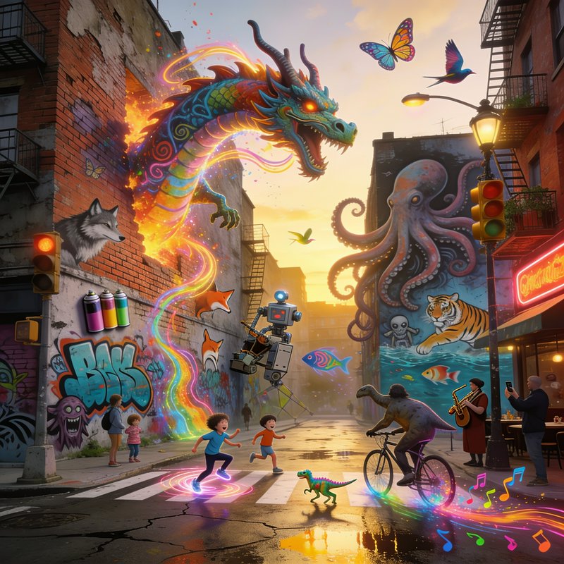 Surreal fantasy city street at golden hour, where vibrant graffiti comes alive with a glowing rai...