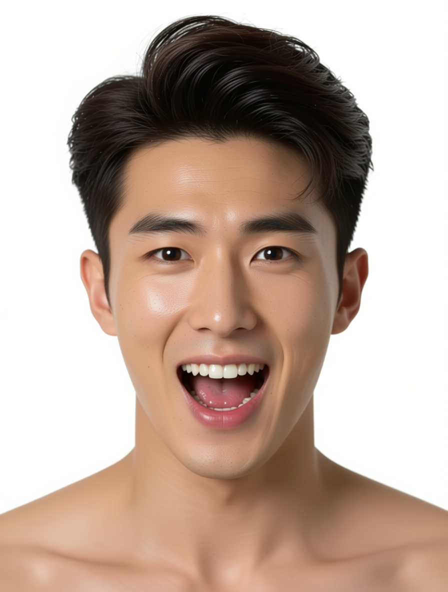 Young Asian man with wide, joyful smile against a white studio background