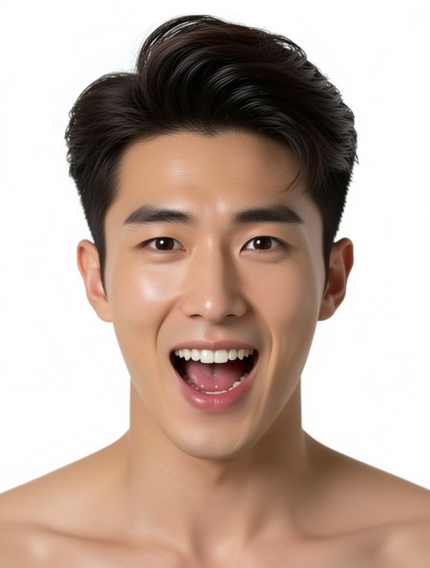 Young Asian man with wide, joyful smile against a white studio background