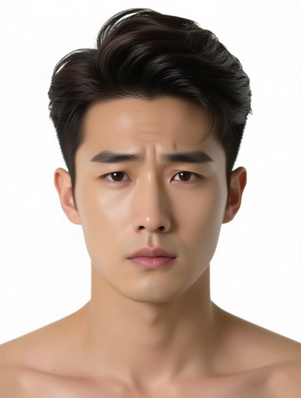 Close-up portrait of a young Asian man with slicked-back hair and a serious expression.