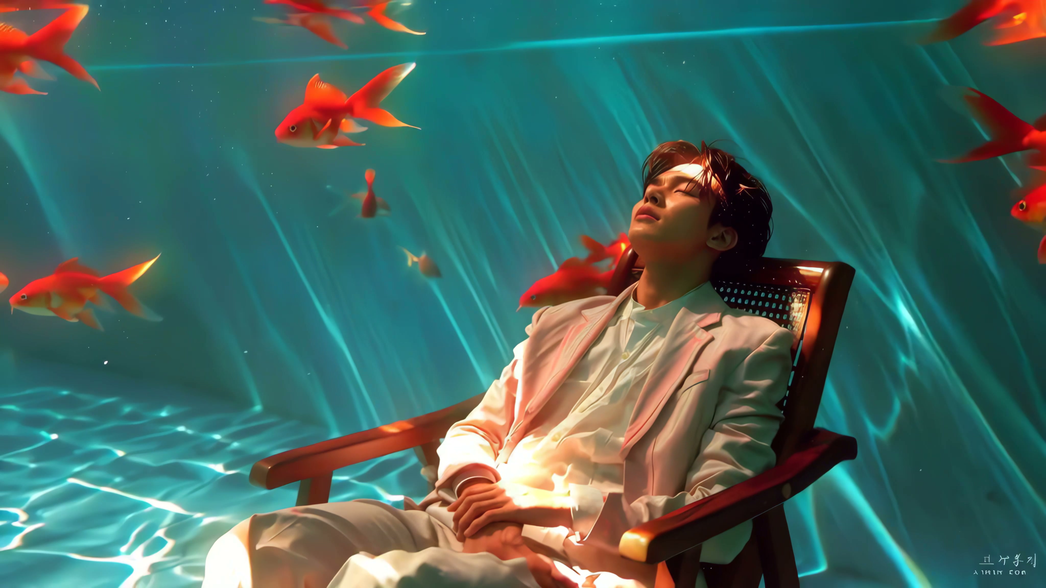 A man in a white suit reclining in a chair underwater with orange koi fish swimming nearby.