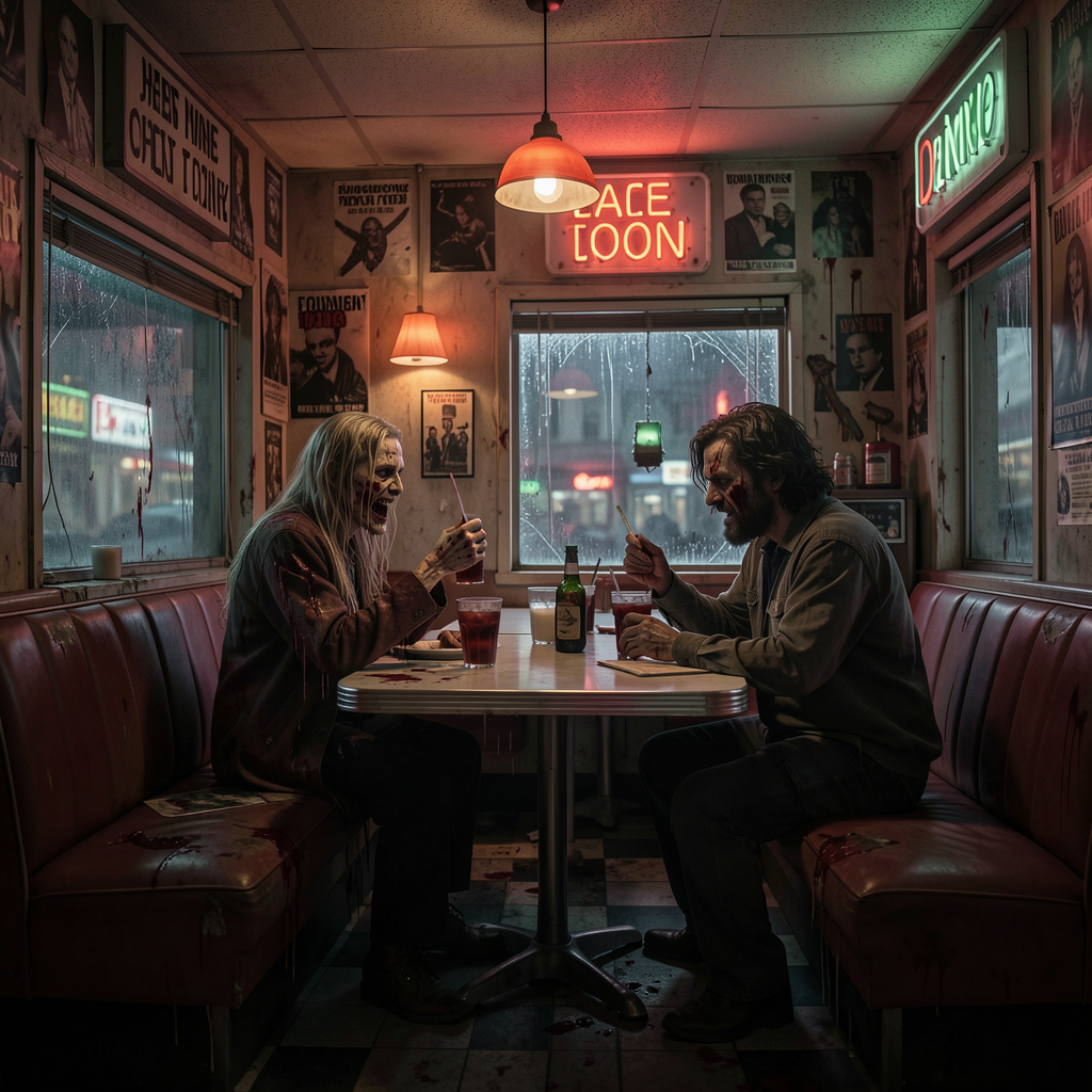 Two bloodied undead figures toast over drinks across a table in a grimy rainy vintage diner
