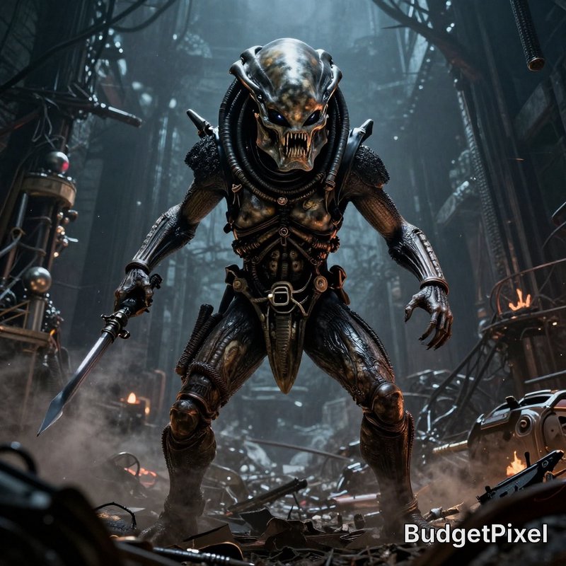 Menacing alien warrior in a ruined industrial lab, wielding a blade.