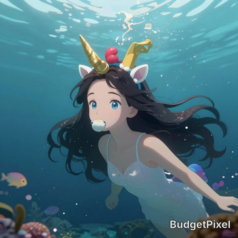 anime-style girl undersea wearing a unicorn horn headband, flowing black hair, bubble trails and ...