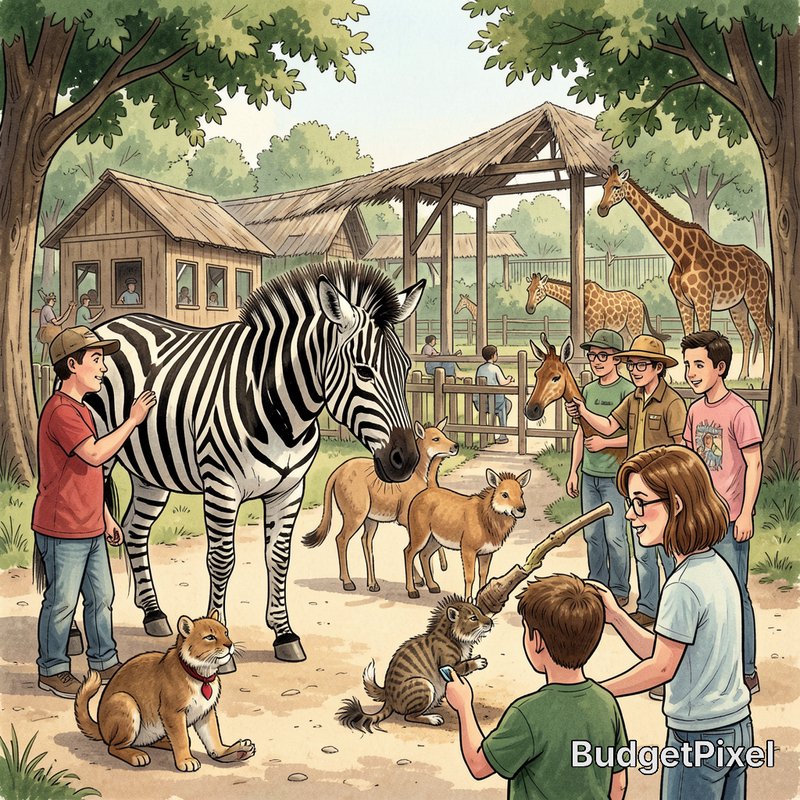 Whimsical cartoon illustration of a busy interactive zoo with visitors, zookeepers, and diverse e...