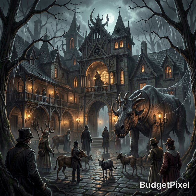 Moonlit foggy gothic manor courtyard, Victorian villagers gather with giant horned monster and sm...