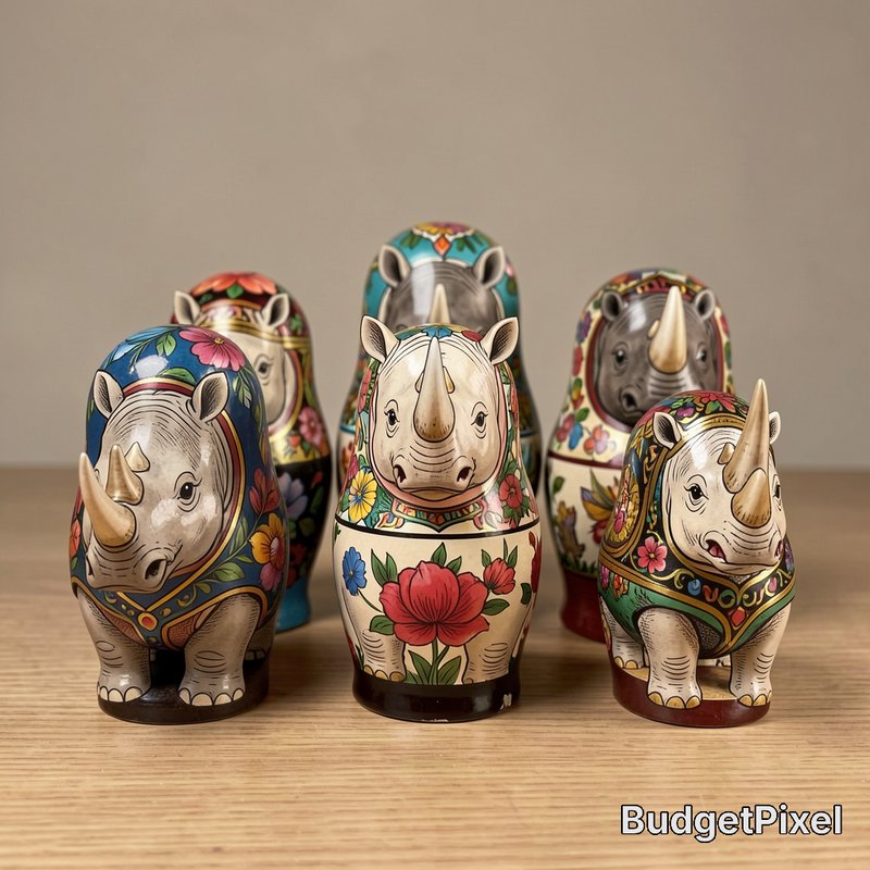Hand-painted rhino-shaped Matryoshka nesting dolls arranged on a light wood table against a plain...