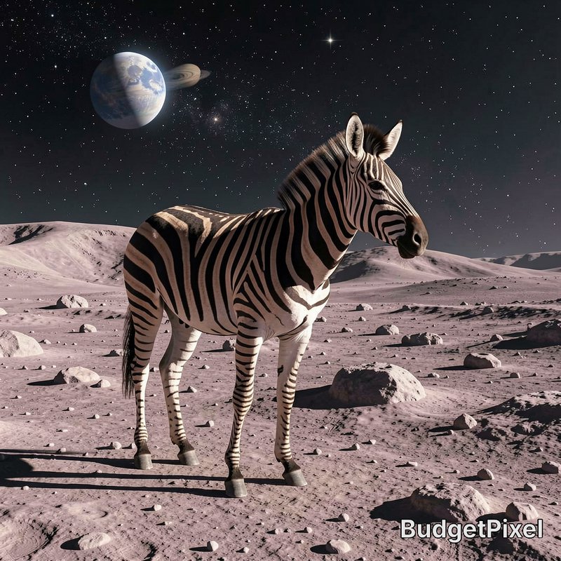 Realistic zebra standing on a rocky alien moon surface under a starry sky with distant visible pl...