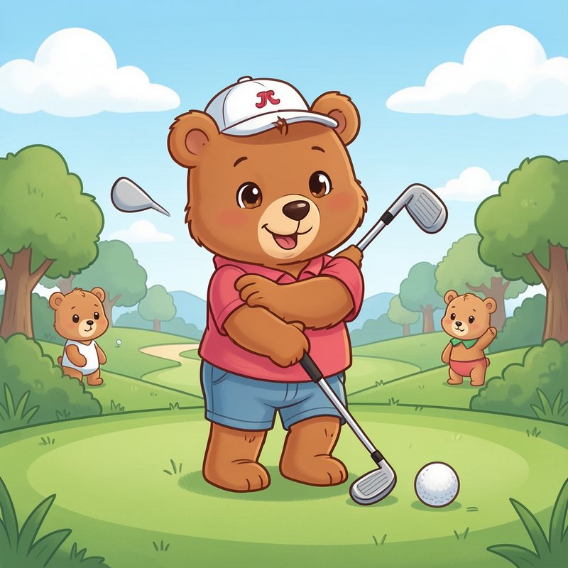 Cute cartoon brown bear golfer prepares to swing, with small bear cubs watching on a sunny tree-l...