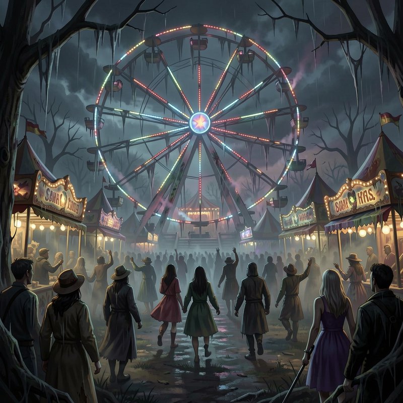 Spooky rainy gothic carnival with an icy glowing Ferris wheel, crowds walking toward misty game b...