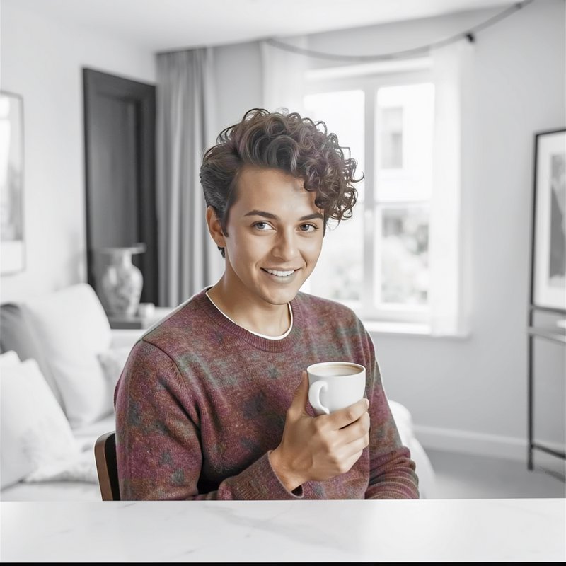 Smiling young man with curly brown hair holds a coffee mug, seated at a table in a bright sunlit ...