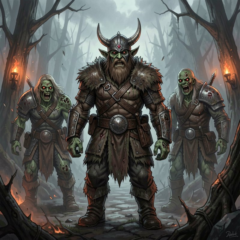 Undead viking chieftain flanked by zombie warriors standing in a misty torch-lit dead forest