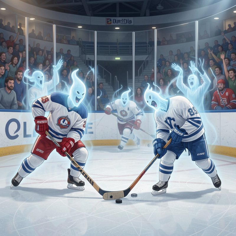 Glowing ghost ice hockey players compete in a faceoff on an indoor rink, as cheering fans watch f...