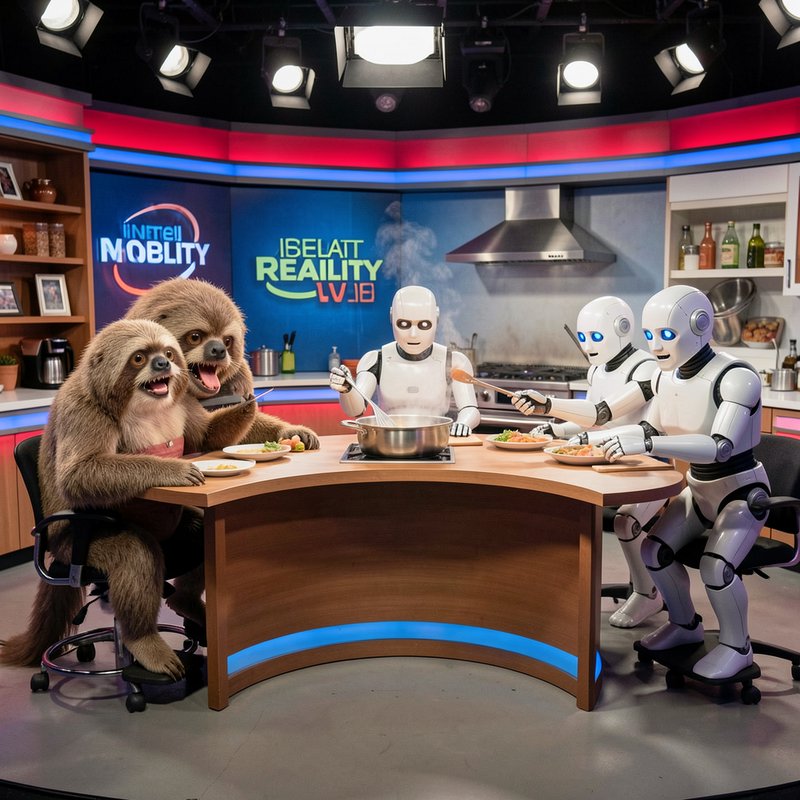 Surreal AI-generated cooking show set with sloth guests and humanoid robot hosts in a TV studio k...