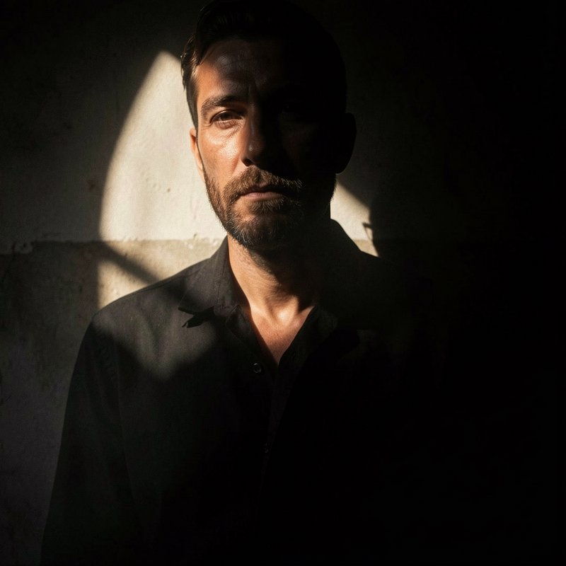 Dramatic low-key portrait of a bearded man, lit by a slanted sunbeam against a textured concrete ...
