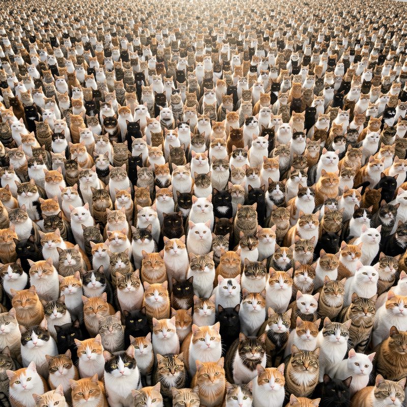 Densely packed endless crowd of domestic cats of varied coat colors all stare directly at the vie...