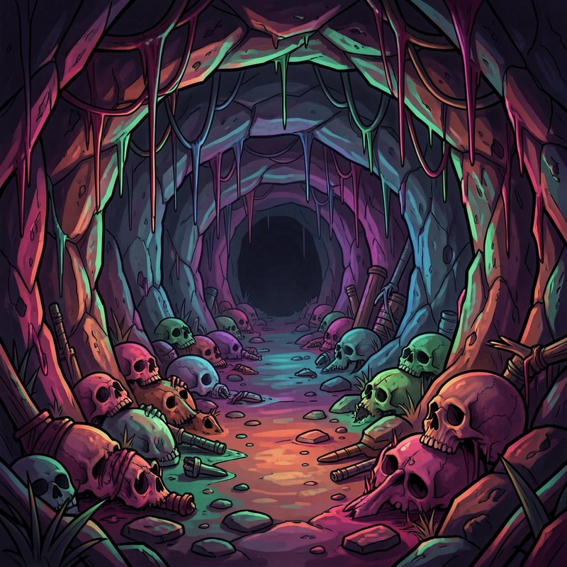 Vibrant cartoon spooky cave tunnel lined with colorful skulls, dripping slime stalactites, leadin...