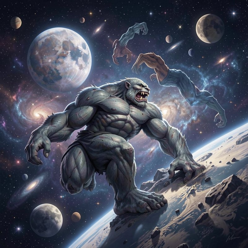 Snarling muscular werewolf monster stands on lunar surface, floating disembodied limbs against st...