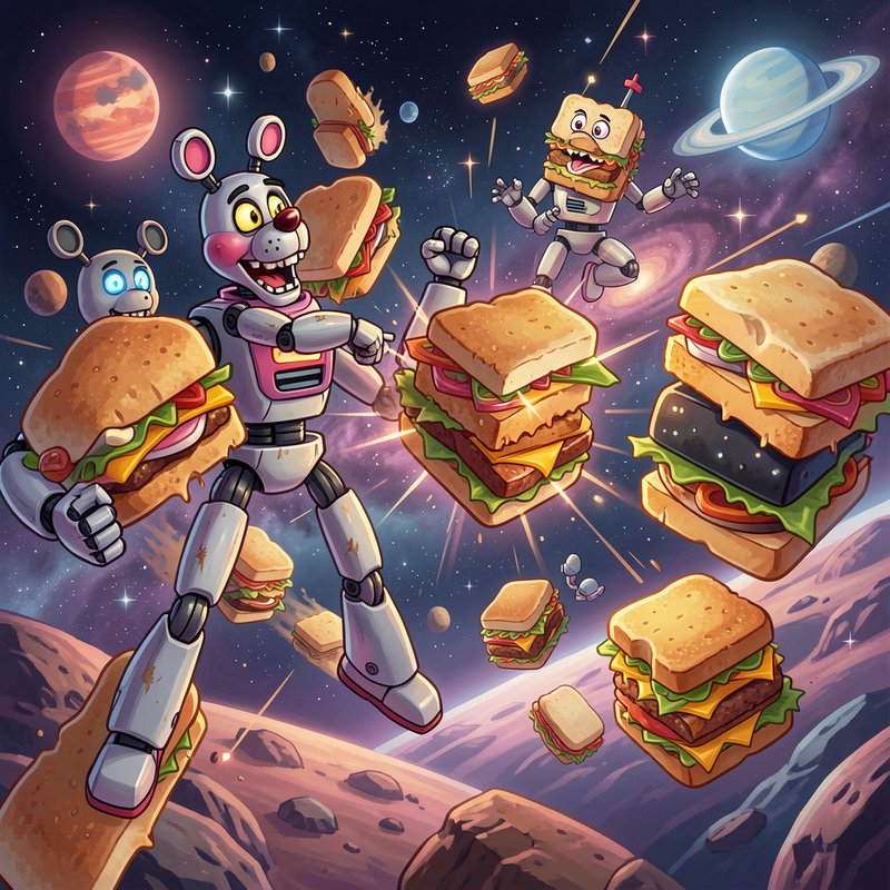 Whimsical cartoon robotic characters float in starry outer space alongside giant flying sandwiche...
