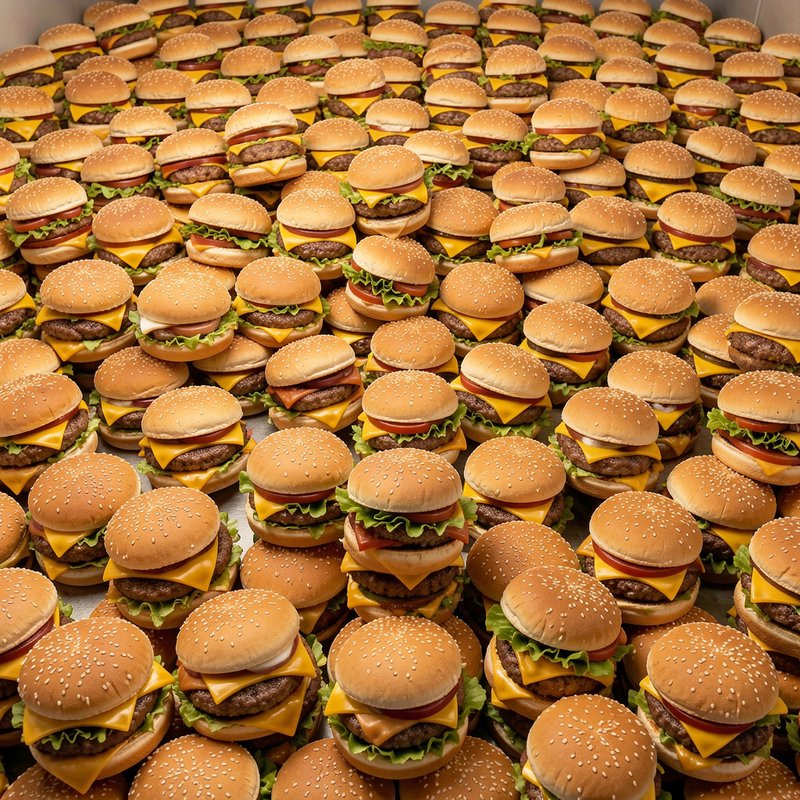 Overhead view of hundreds of tightly packed classic cheeseburgers with sesame seed buns, cheese, ...