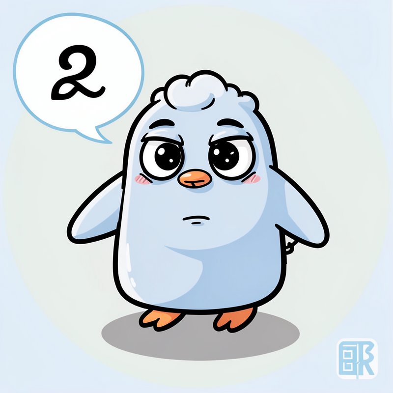 Bored light blue cartoon penguin character with a speech bubble displaying the number 2, tired bl...