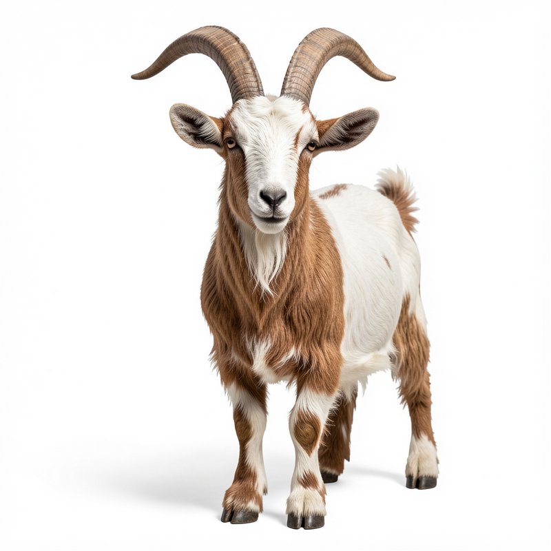 Full body shot of a brown and white horned billy goat standing facing the camera on a plain white...