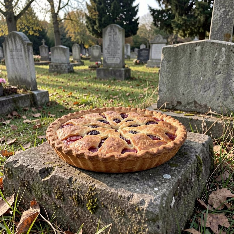 Fresh baked lattice fruit pie rests on a mossy gravestone in a sunlit autumn cemetery, with old h...