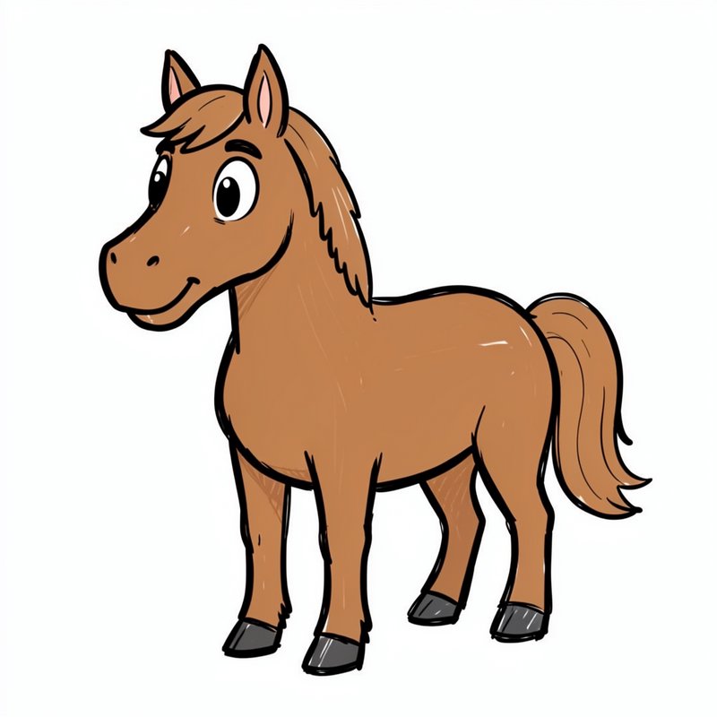 Friendly cartoon brown horse with wide eyes, smiling and standing against a plain white background
