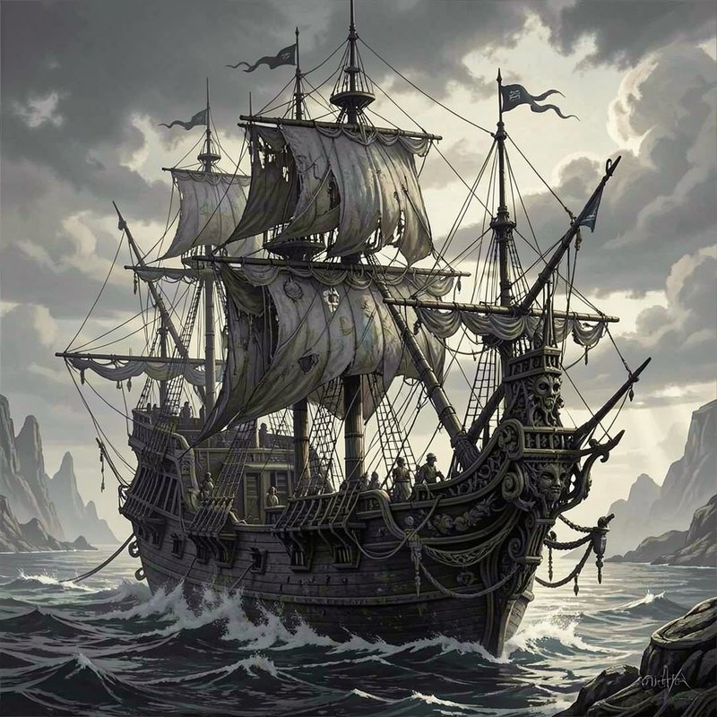 Ornate weathered ghost pirate galleon sails choppy coastal waters beneath a dramatic stormy overc...