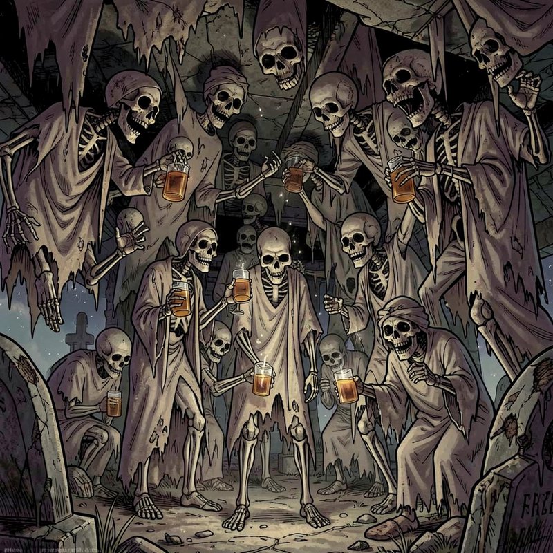 Cartoon fantasy illustration of grinning robed skeletons toasting with beer mugs at a raucous gra...