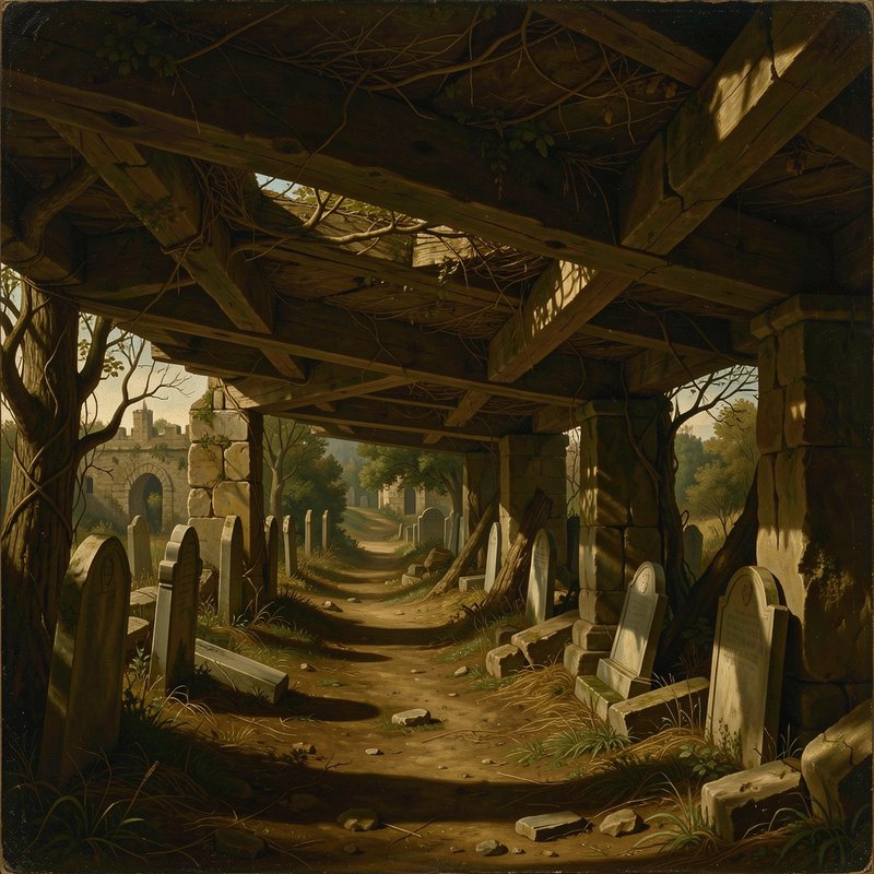 Vintage oil painting of an overgrown abandoned graveyard viewed under a crumbling vine-covered wo...