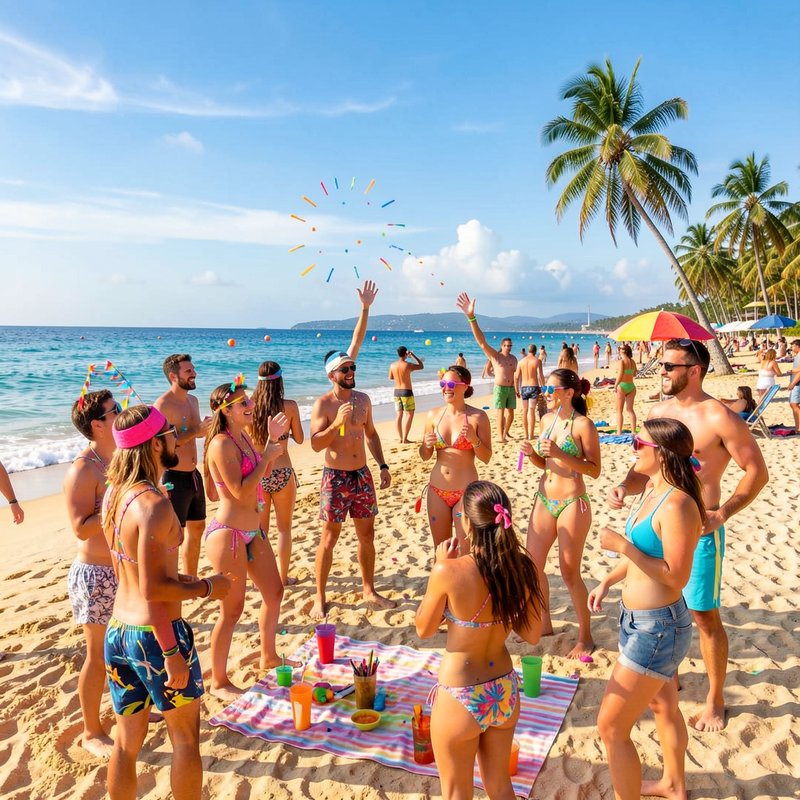 Group of friends in colorful swimwear celebrate a sunny tropical beach party, with drinks, confet...
