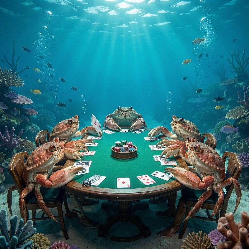 Five anthropomorphic crabs seated around a poker table playing cards on a sunlit underwater coral...