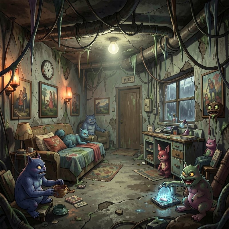 Whimsical illustration of a slime-covered run-down basement apartment populated by friendly carto...