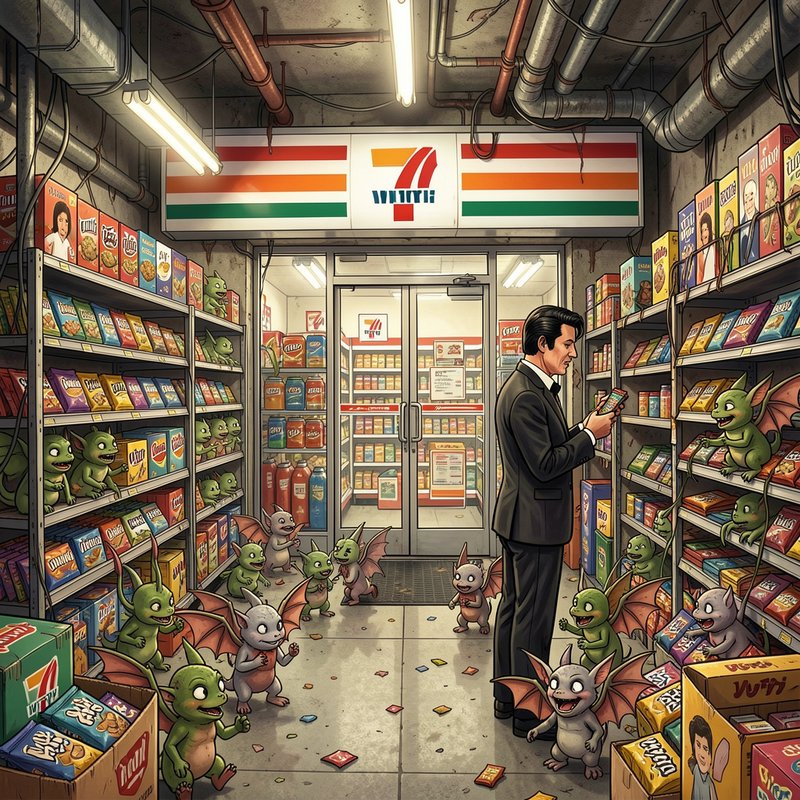 Surreal comic illustration of a suited man on a phone, surrounded by mischievous winged gremlins ...