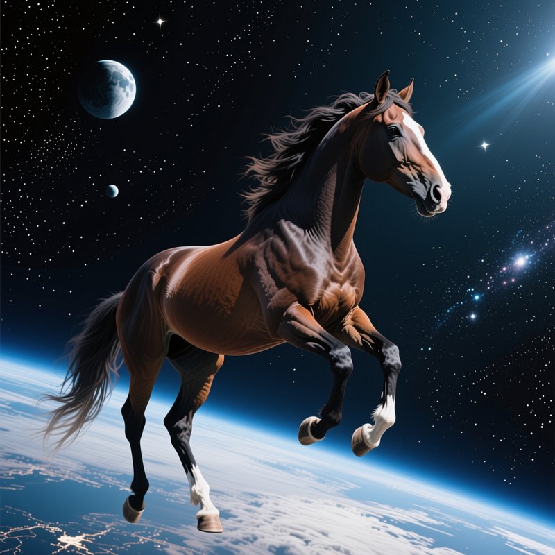 Muscular bay stallion gallops weightless in outer space above planet Earth, with starry sky and d...