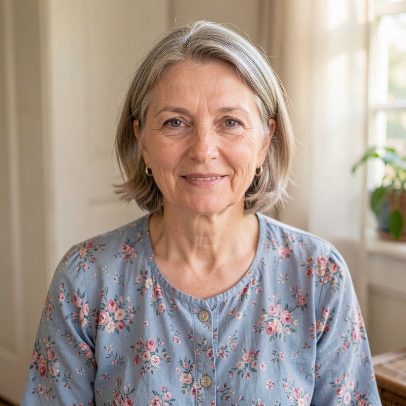 Warm headshot of a smiling senior woman with short grey hair wearing a blue floral blouse, in a s...