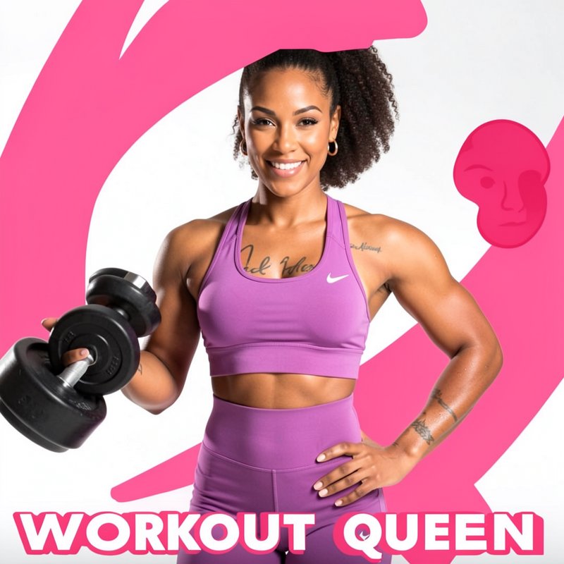 Smiling muscular woman holds a dumbbell in a purple workout set, with bold "WORKOUT QUEEN" text o...