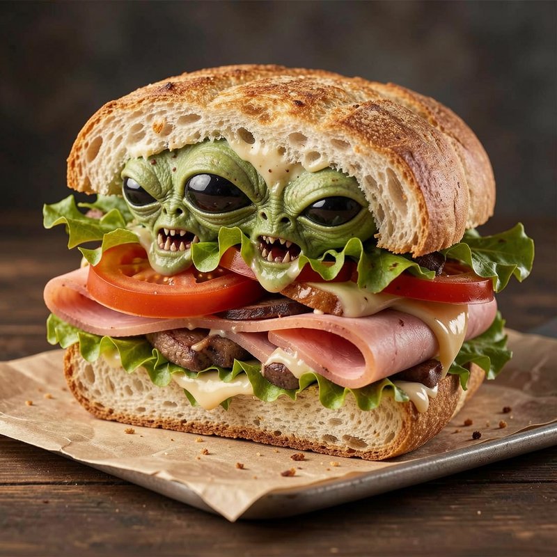 Surreal hybrid deli sandwich with snarling green alien faces peeking out between crusty sourdough...