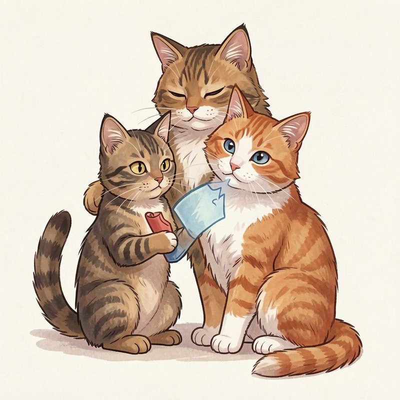 Warm storybook illustration of an affectionate tabby cat parent hugging two seated kittens, one h...