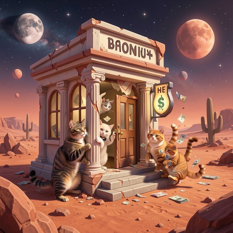 Surreal cartoon of cats robbing a small crumbling desert bank, with flying cash and twin moons in...
