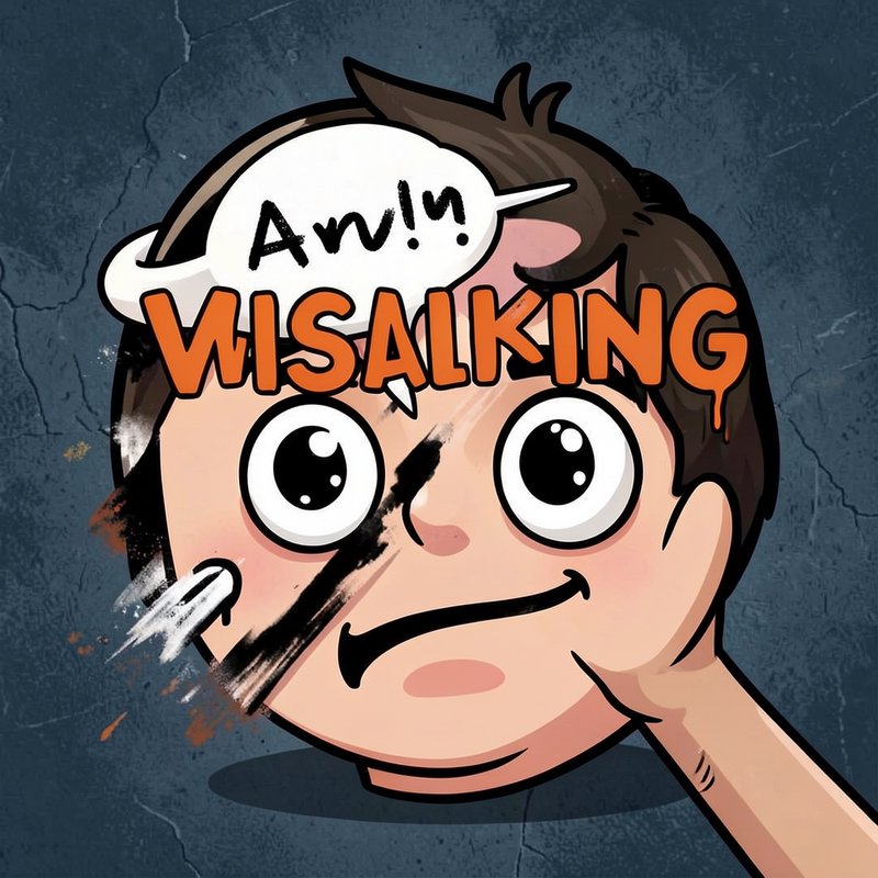 Wide-eyed flustered cartoon boy portrait, bold "WISALKING" text, speech bubble, cracked dark blue...