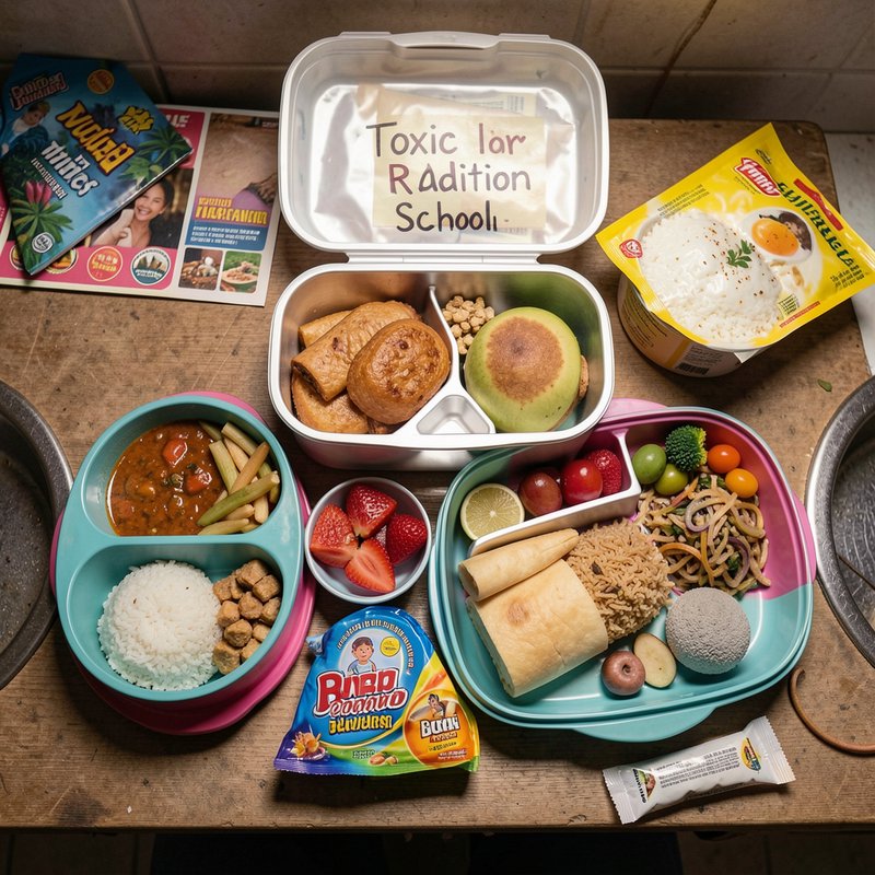 Overhead shot of assorted packed bento school lunches, snacks, and a handwritten note arranged on...