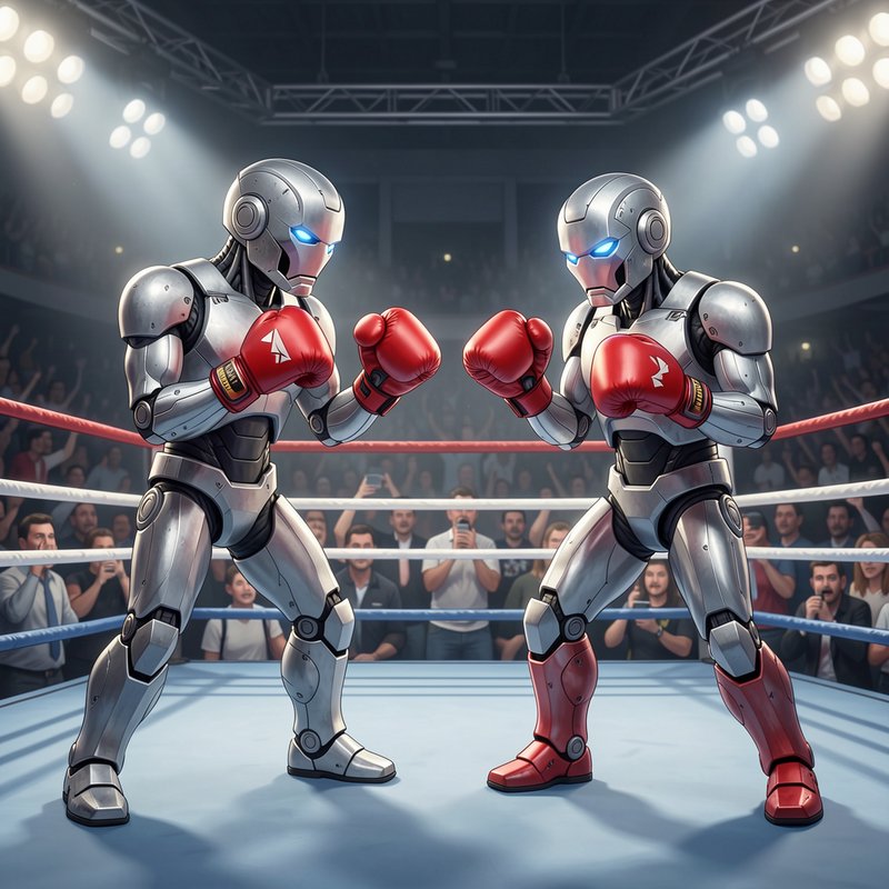 Two silver humanoid robot boxers face off in a lit boxing ring, poised to fight as an arena crowd...