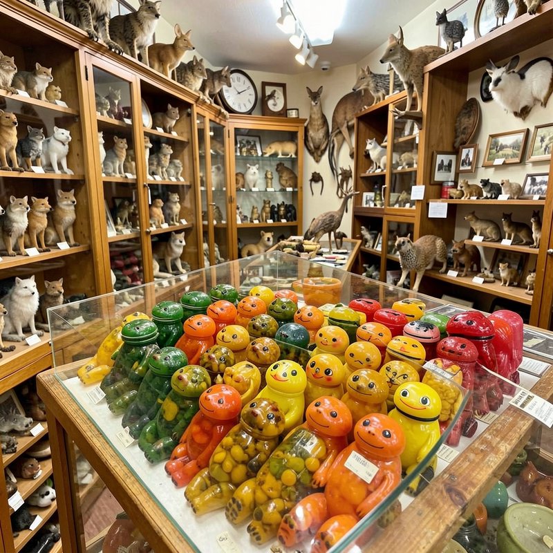Colorful retro glass frog figurines fill a display case in a curio shop lined with taxidermy anim...