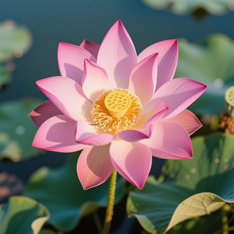 Close-up of a fully bloomed pink lotus with bright yellow center, surrounded by green lily pads o...
