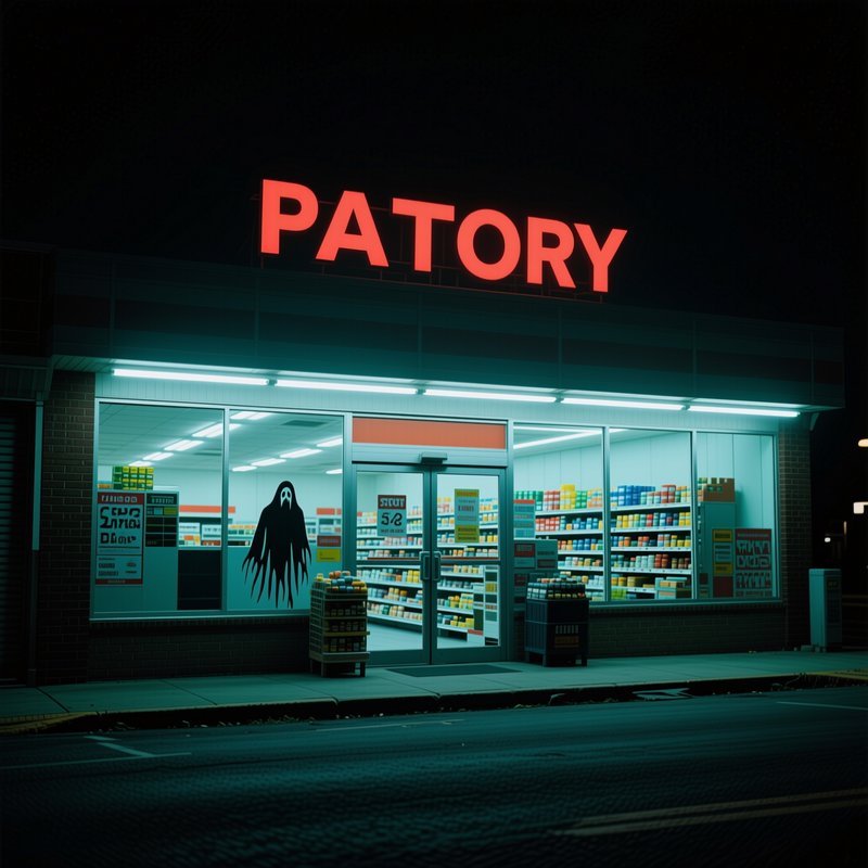 Nighttime exterior of neon-lit Patory convenience store, featuring a spooky ghost graphic on the ...