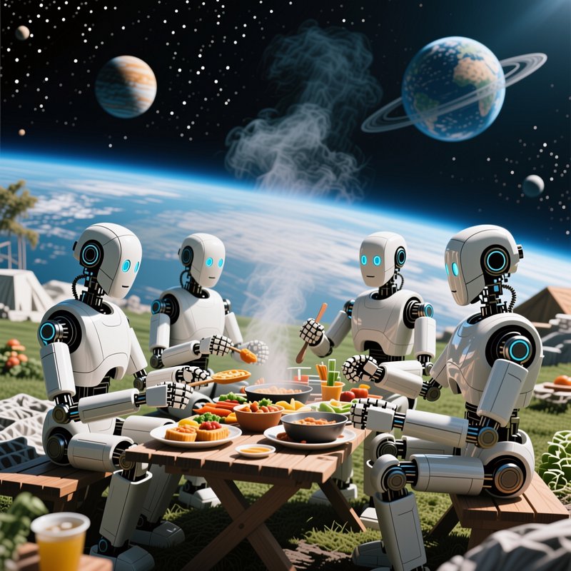 Four friendly white humanoid robots share a picnic meal on an alien world, with starry space and ringed planets visible